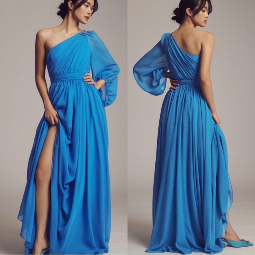 NWT Sachin + Babi Makayla Gown in Azure Blue Maxi Embellished One Shoulder, 0
